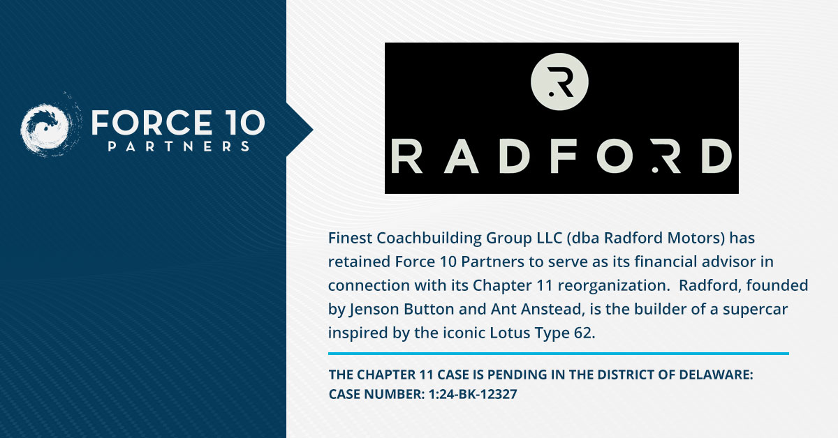 Finest Coachbuilding Group LLC (dba Radford Motors) has retained Force 10 Partners.